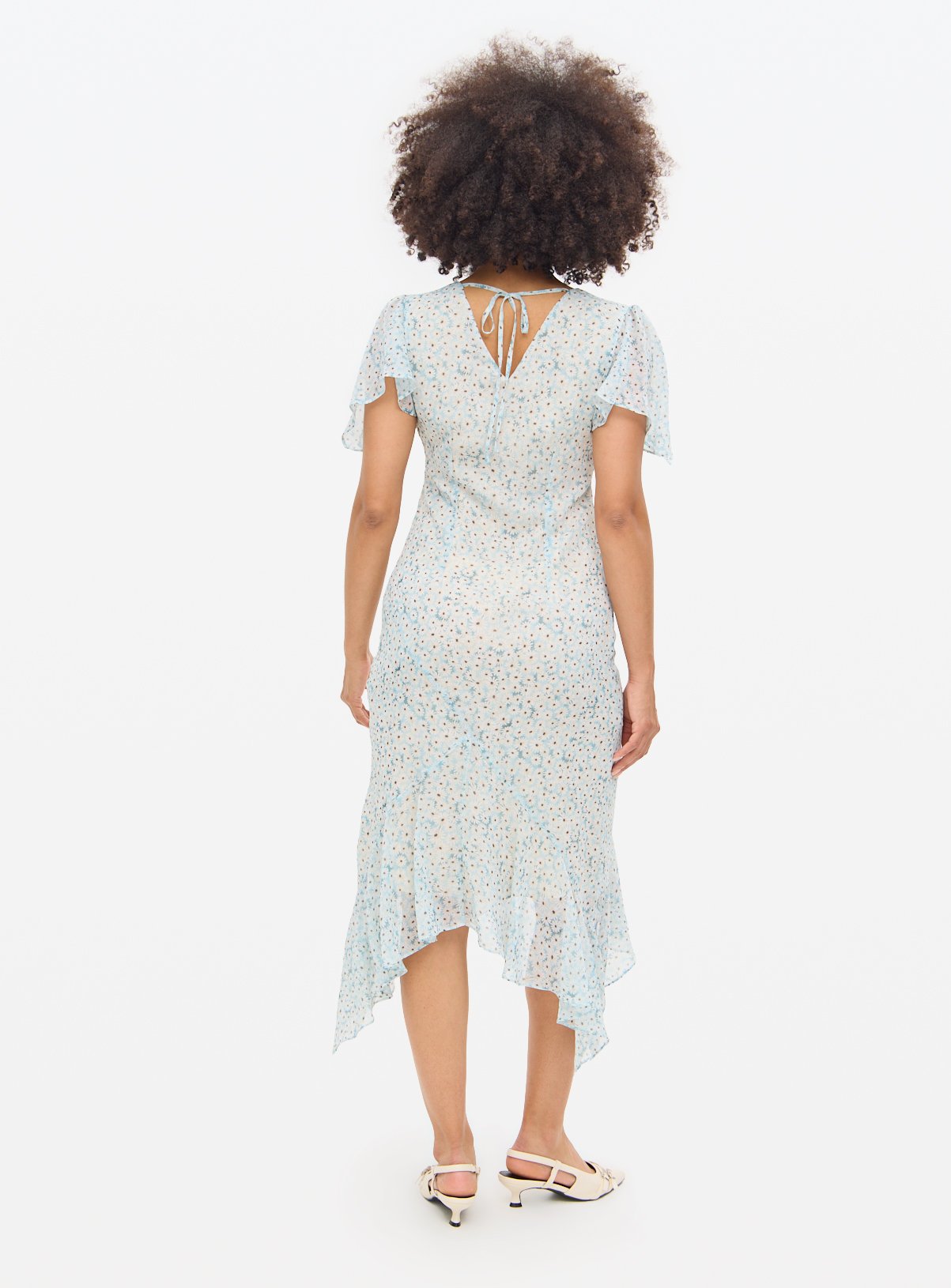 Blue Floral Print Semi-Sheer Midi Tea Dress 8 - Image 4 thumbnail